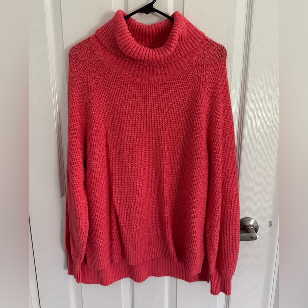 Old Navy Cozy Knit Turtleneck Sweater, Bright Pink, Size M, Split Hem